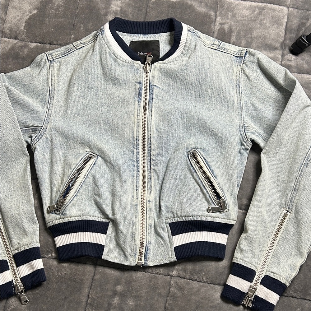 Skinnygirl Light Blue Denim Bomber Jacket with Navy and White Trim